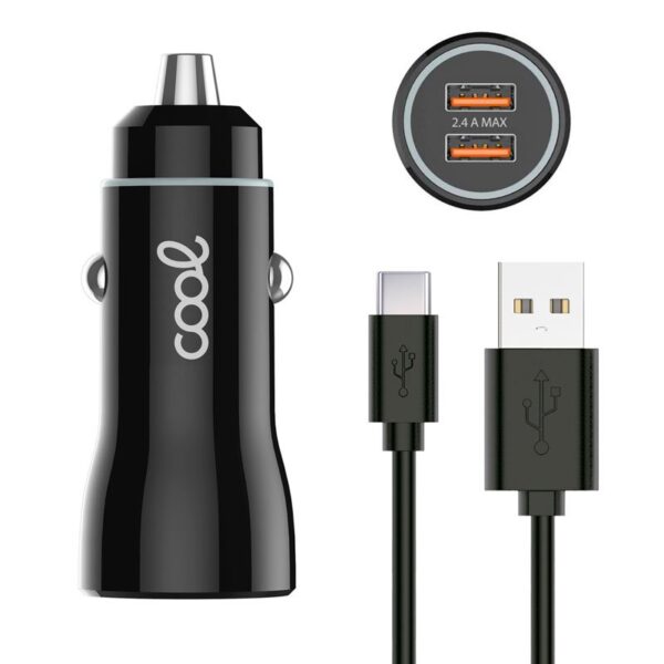 Carregador de carro cabo tipo C (2 x USB) COOL 2.4A Kit 2 em 1 preto