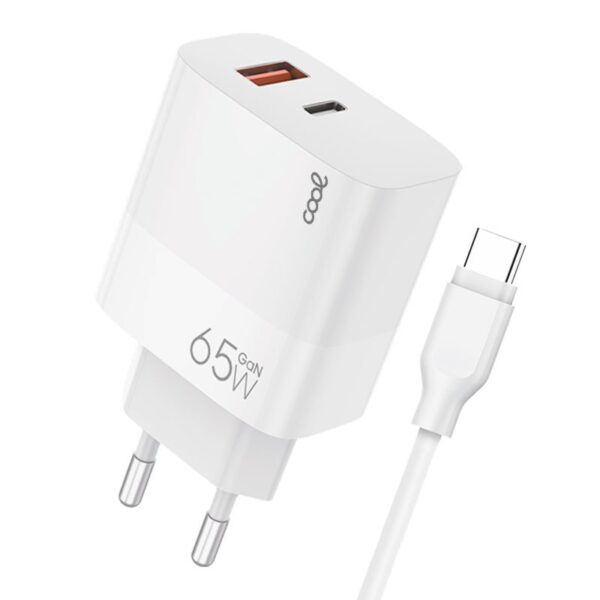 Carregador de rede duplo universal USB + PD Tipo-C + Cabo de carregamento COOL (GaN 65 W) Branco
