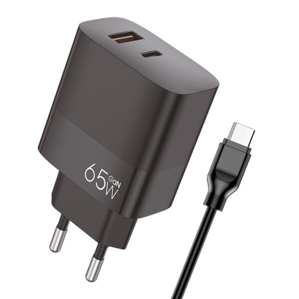 Carregador de rede duplo universal USB + PD Tipo-C + Cabo de carregamento COOL (GaN 65 W) Preto