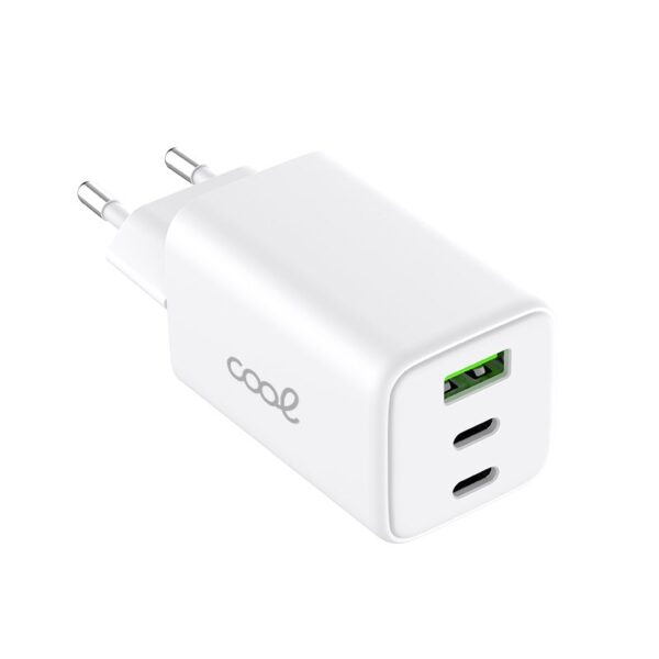 Carregador de Rede Universal Triplo (PD) 2 x Tipo-C + USB COOL (GaN 65 W) Branco