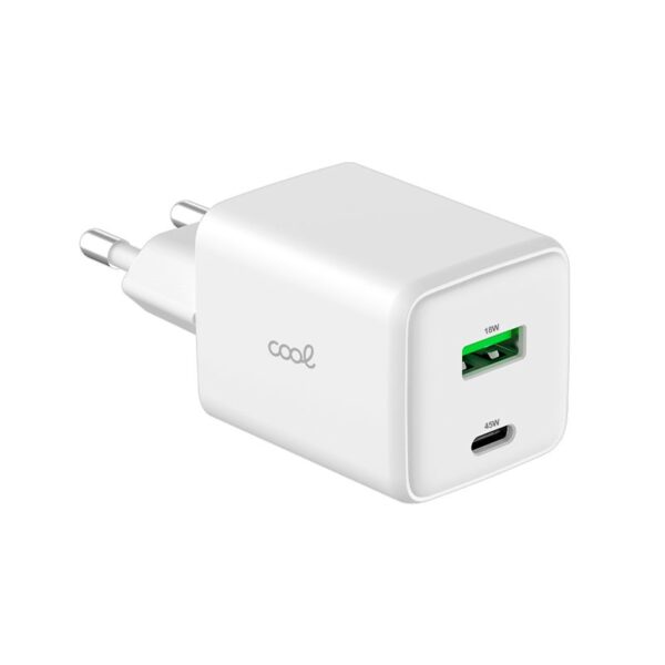 Carregador de rede Universal Ultra Fast Charger Duplo (PD) Tipo-C + USB COOL (45W) GaN Branco